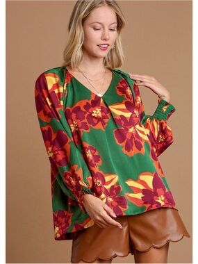 Umgee Green Floral V-Neck Blouse with Red and Yellow Accents